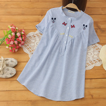 Summer cool pregnant women short-sleeved Korean version loose stand-up collar summer shirt T-shirt sweet embroidery medium-long top summer