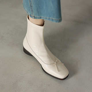 Короткие эластичные сапоги из натуральной кожи в стиле ретро с бантом на толстом каблуке и квадратном носке