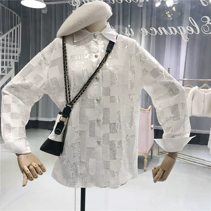 Thời trang Hàn Quốc khí chất lấp lánh áo sơ mi nữ 2018 thu đông mới đại học áo dài tay áo lửng