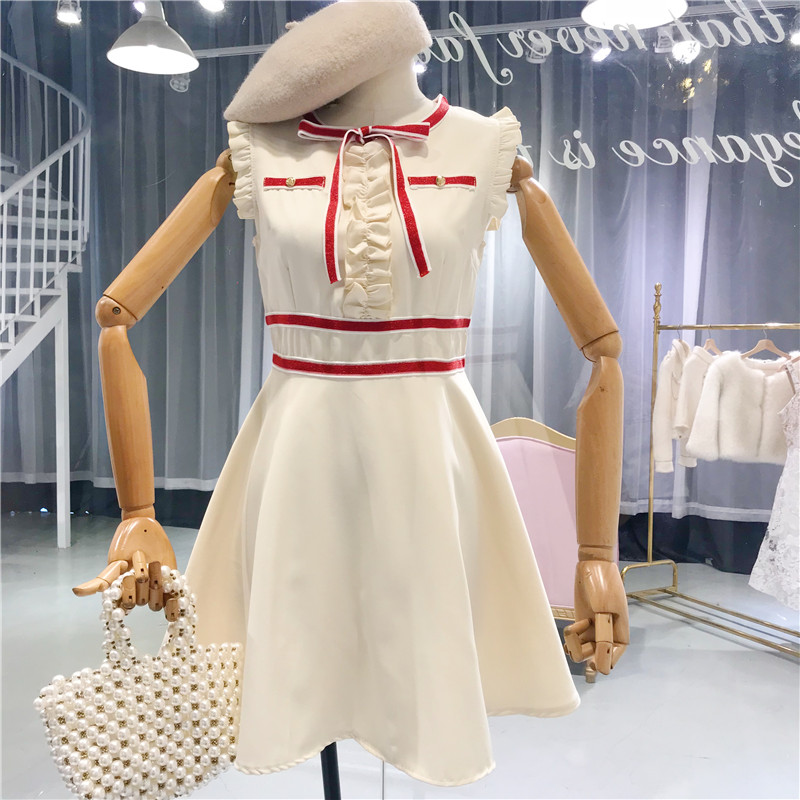 2018 mùa hè mới Hàn Quốc phiên bản của nhỏ tay áo bay hit màu bow tie vòng cổ cao eo slim dress nữ Một từ váy vay xoe