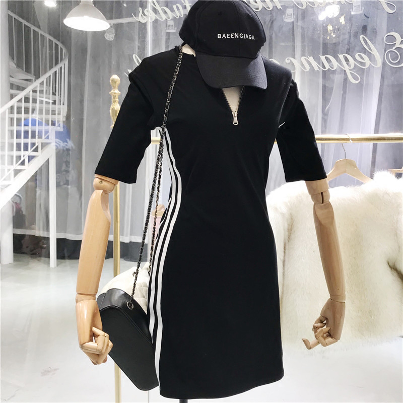 2018 mùa xuân mới Hàn Quốc ngắn tay cao eo là mỏng sọc Một từ váy nữ vòng cổ khí hoang dã ăn mặc mùa hè đầm xòe công chúa cao cấp