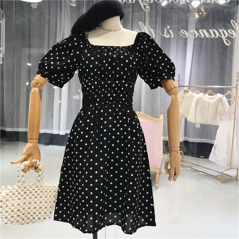 Phong cách kỳ nghỉ vuông cổ áo một vai quây mặc mỏng polka- dot váy nữ 2018 mùa hè ngắn- tay cao eo đa năng váy
