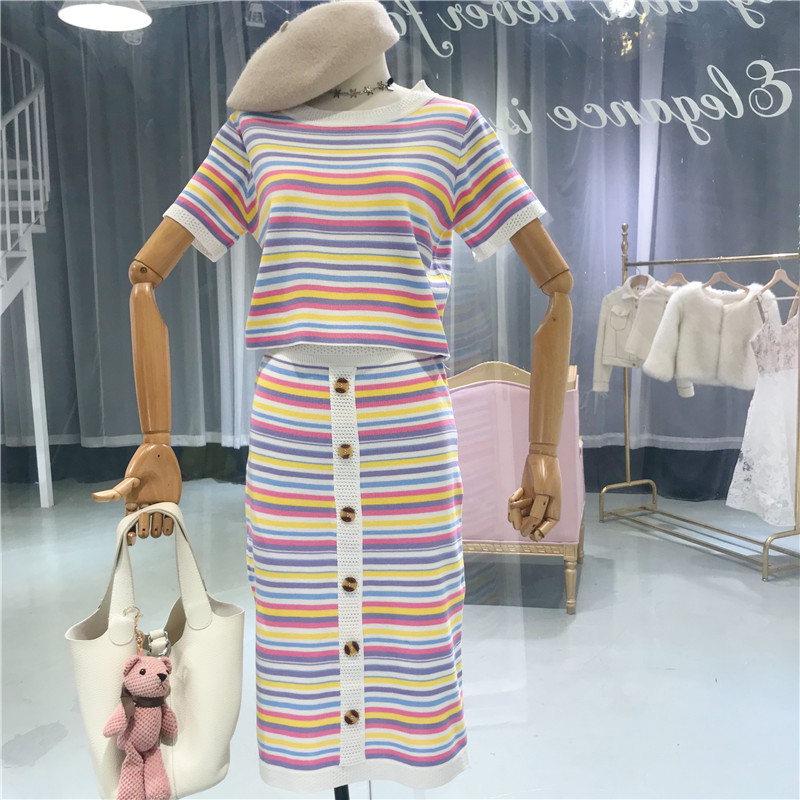 2018 mùa hè mới ngắn tay mỏng vòng cổ áo sơ mi + cao eo đơn ngực nửa váy sọc đan phù hợp với phụ nữ quần áo nữ