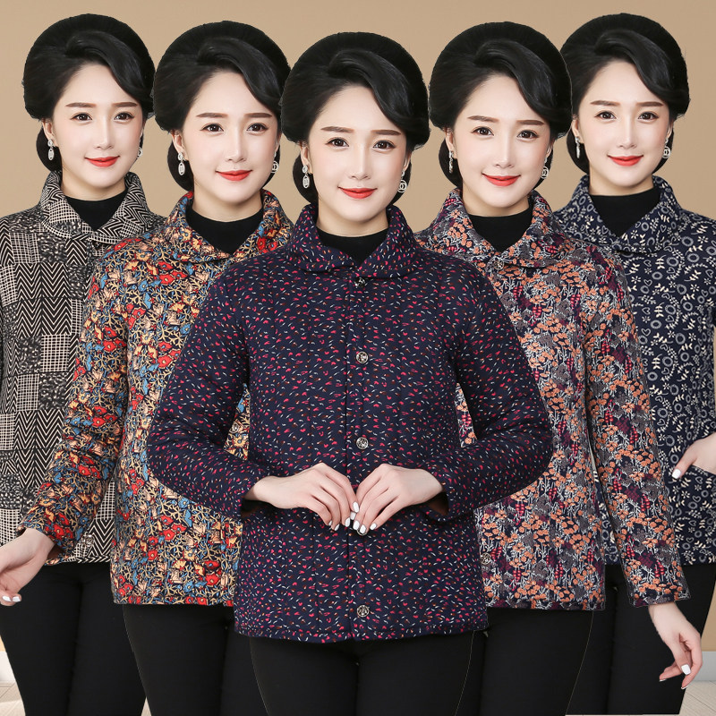 Mom camel hair cotton coat women's winter clothes plus velvet thickening middle-aged and elderly flower cotton padded jacket lapel top large elastic long-sleeved coat