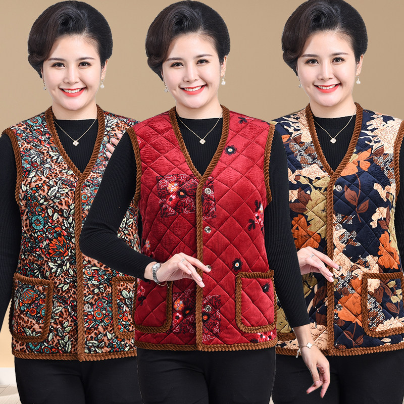 Mother Garvelour thickened waistcoat Autumn Winter Clip Cotton V Neckline Gold Velvet Vest Small Cotton Padded Jacket Warm Mother-in-law Big Size Yard shoulder