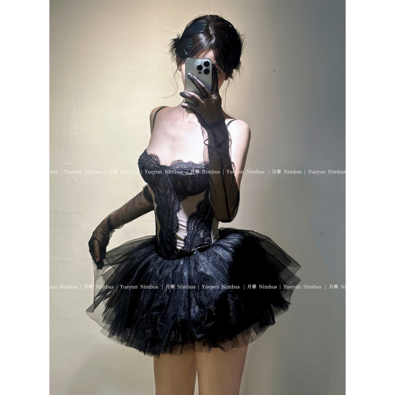 [Twilight and Lace] Sexy Black Lace Suspender Corset Tutu Skirt Set Black Swan Style Performance Costume