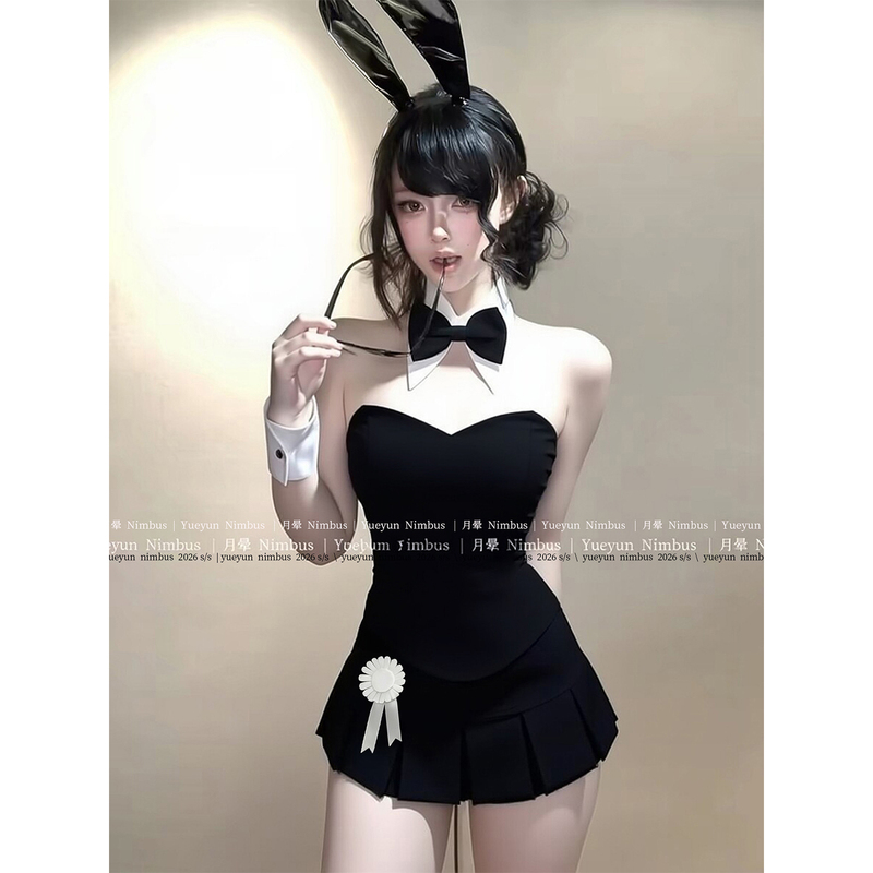 【Black Bunny Sweetheart】Sexy Black Fishbone Tube Top Women's Off-Shoulder Pleated Skirt Set Hot Girl Bunny Girl Cosplay 【Black Bunny Sweetheart】Sexy Black Fishbone Tube Top Women's Off-Shoulder Pleated Skirt Set Hot Girl Bunny Girl Cosplay