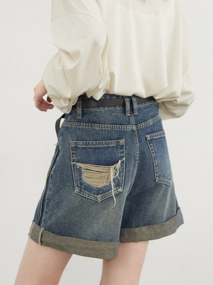 CV大码女装 夏季新款复古高腰做旧a字翻边牛仔裤短裤阔腿热裤胖mm