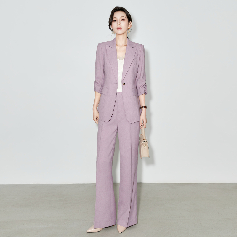 Early Autumn New Arrival Purple Slim-Fit Business Suit Set for Women, Three-Quarter Sleeve Blazer, Formal Jacket, Straight-Leg Pants Two-Piece Set