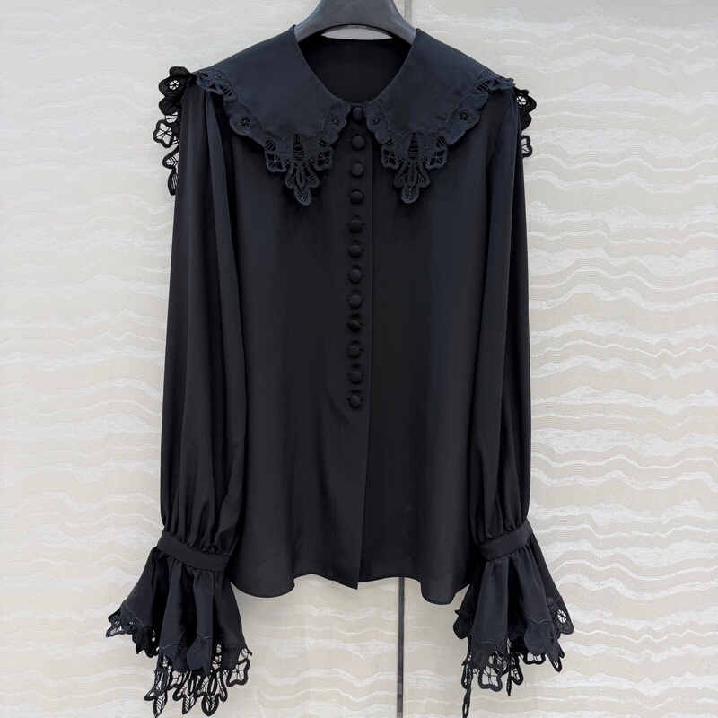 Lace Positioning Three-Dimensional Embroidered Floral Collar Silk Shawl Collar Ruffled Long-Sleeve High-Waisted Slimming Shirt Top for Women