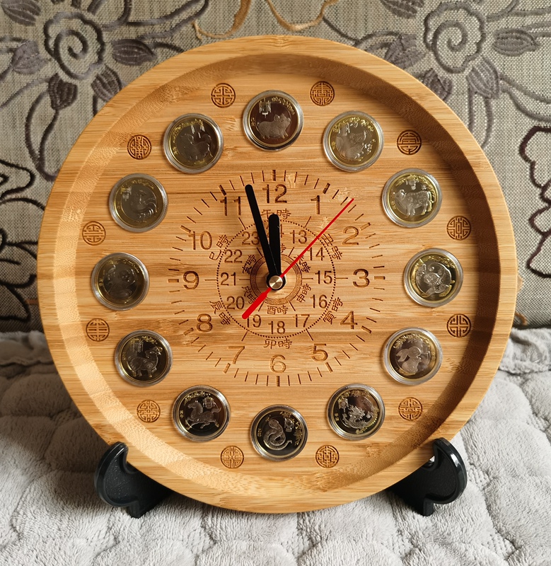 Two-Wheel 12 Zodiac 24-Hour Black-Hand Clock with Bamboo Dial Ornament (Price Without Coins) Comes with Empty Case and Black Plastic Stand