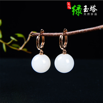 Natural Hetian Jade White Jade ball earrings earrings 18K rose gold inlaid jade old earrings earrings