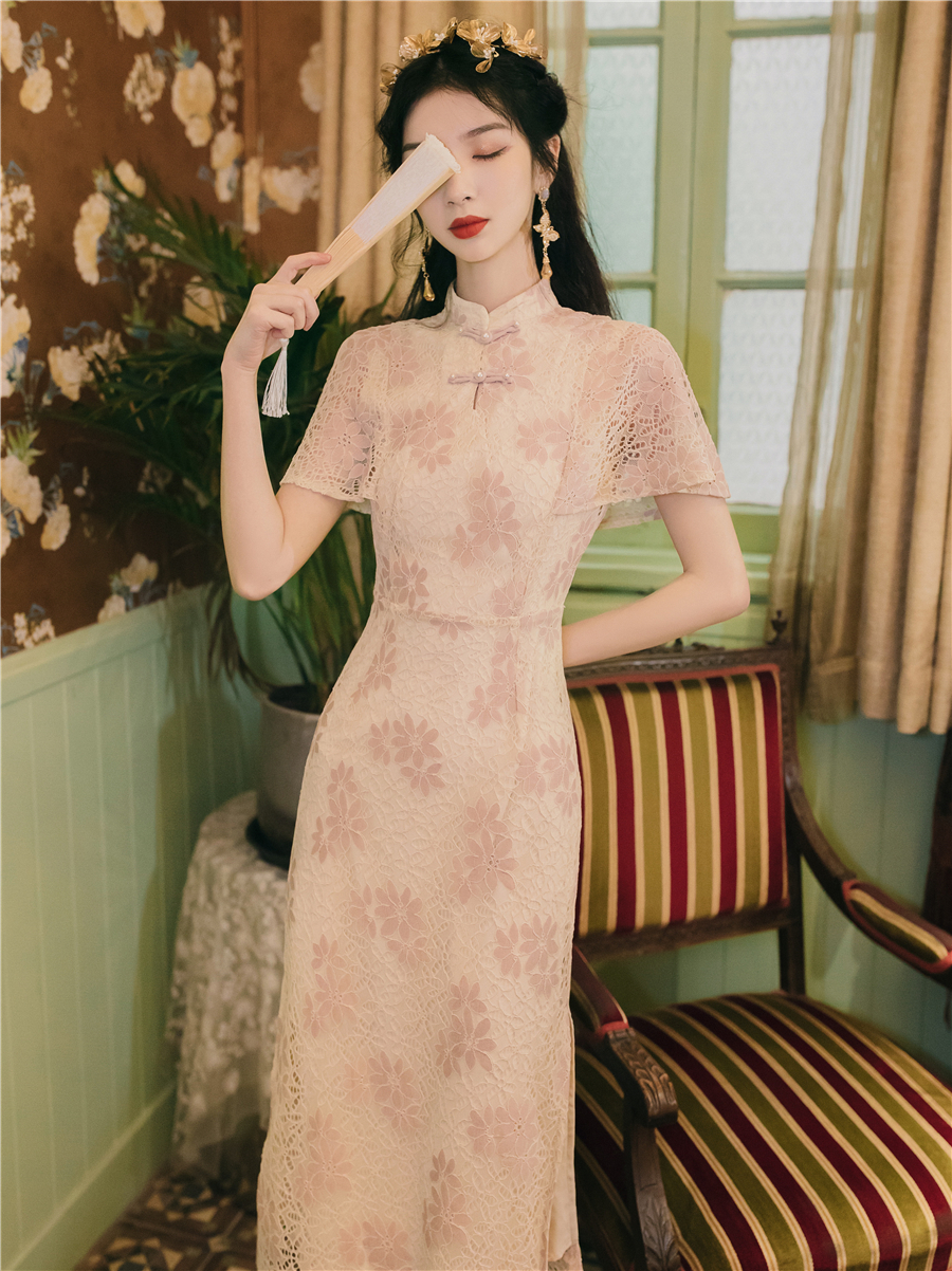 Vintage dịu dàng và nhẹ nhàng theo phong cách nước cộng hòa mặc hàng ngày cô gái trẻ cải thiện sườn xám mùa hè ren ngắn tay chiếc váy cổ tích