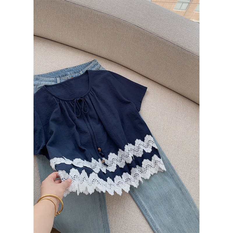 [Dark Blue Lace Blouse] New Style Gentle and Age-Reducing Lace Blouse Top