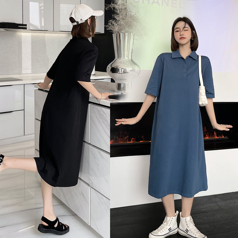 Maternity dress 2021 spring and summer Korean version of the new loose large size medium and long version over the knee lapel short sleeve cotton dress