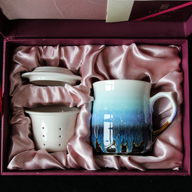 Do Tang Xuan ceramic cup wave snow crystal grain three creative ceramic tea cups with cover) office gifts