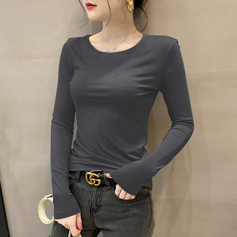 Smoke Gray Round Neck Base Shirt for Women, 2026 Spring, Autumn, and Winter New Style, Pure Cotton, Slim Fit, Long-Sleeved Top, Trendy