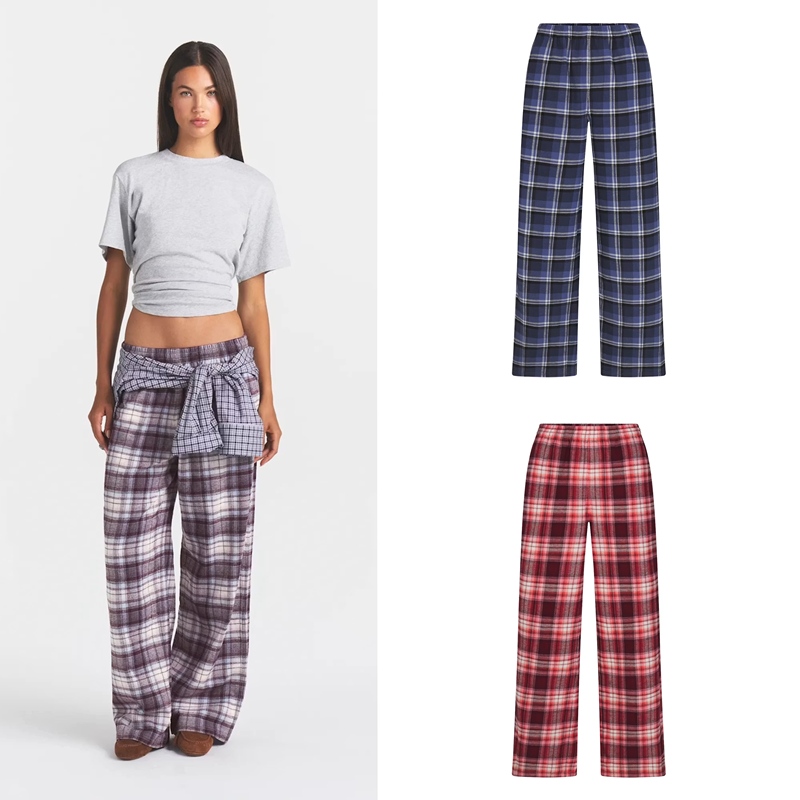 Skims Campus Flannel Oversized Pant Flannel Plaid Casual Straight-Leg Pants