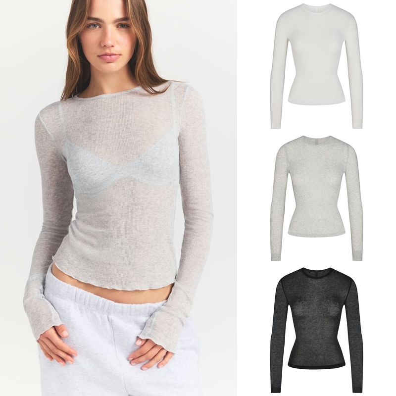 Skims Sheer Rib Long Sleeve Top Thin Sheer Ribbed Crew Neck Long Sleeve T-Shirt Sun Protection Top Skims Sheer Rib Long Sleeve Top Thin Sheer Ribbed Crew Neck Long Sleeve T-Shirt Sun Protection Top