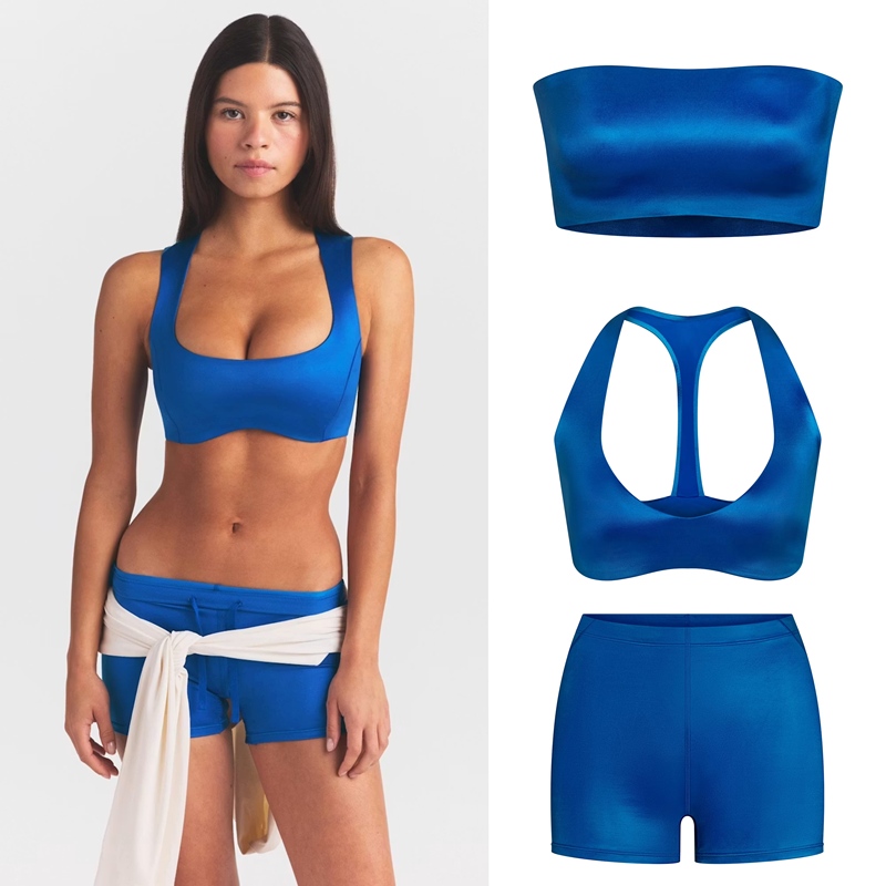 Skims Restock Nikeskims Satin Shine Collaboration Royal Blue Glossy Sports Bra and Shorts Set