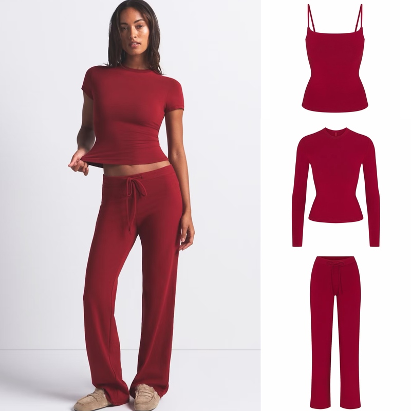 In-Stock Skims Cotton Jersey New Year Brick Red Short-Sleeve and Long-Sleeve T-Shirt with Straight-Leg Pants Set