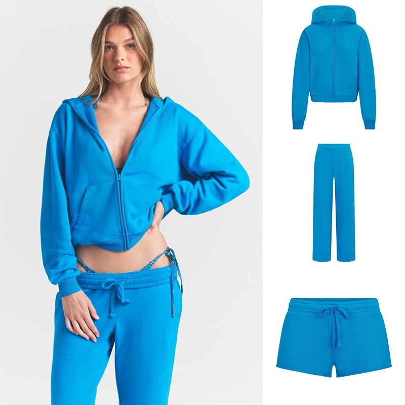 Skims French Terry Hoodie Pure Cotton Thin Zip-Up Sweatshirt Jacket Straight-Leg Pants Shorts Set