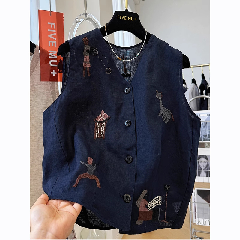 Extra Large Size 150kg Embroidered Linen Vest for Men and Women, Thin Casual V-Neck Cotton-Linen Cardigan for Summer