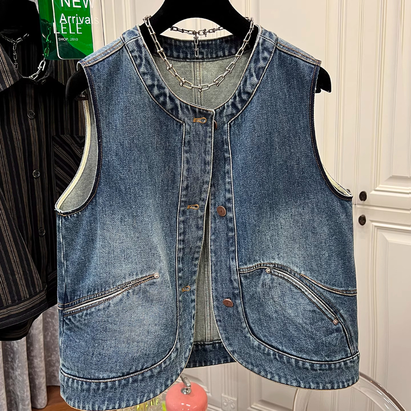 Plus Size 150kg Vintage Casual Washed Denim Vest for Men and Women, Spring and Autumn Design, Sleeveless Round Neck Waistcoat Jacket2