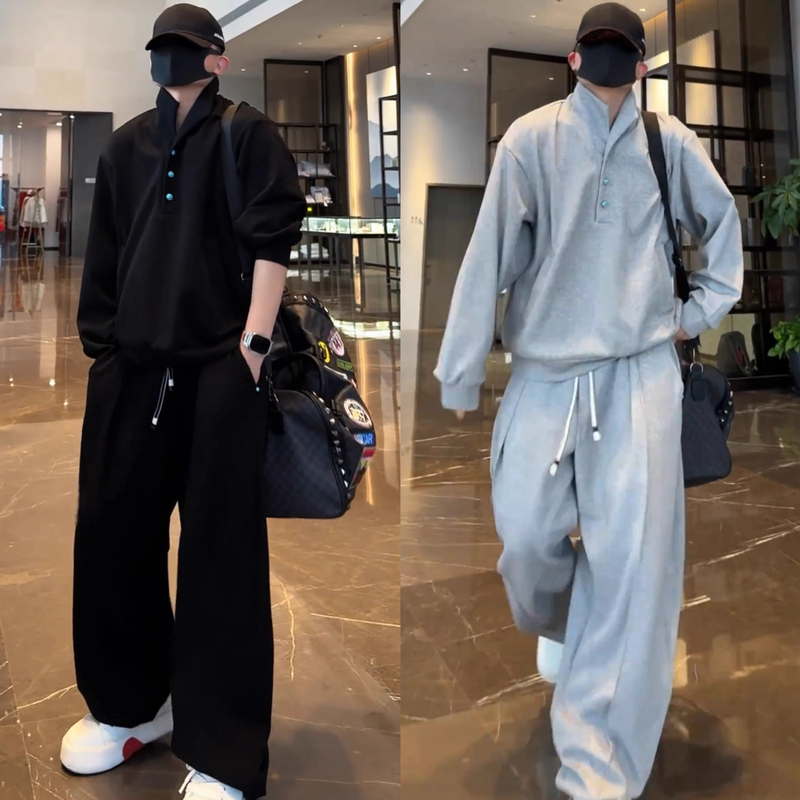 Plus Size 150kg Spring & Fall Polo Collar Design Sweatshirt Wide-Leg Pants Suit Men's Loose Casual Sports Two-Piece Set Plus Size 150kg Spring & Fall Polo Collar Design Sweatshirt Wide-Leg Pants Suit Men's Loose Casual Sports Two-Piece Set