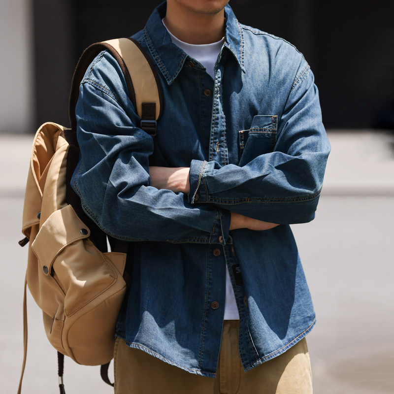 Large Size American Retro 190g Bamboo Texture Denim Shirt Men's Spring and Autumn Loose Long-Sleeved Shirt Jacket