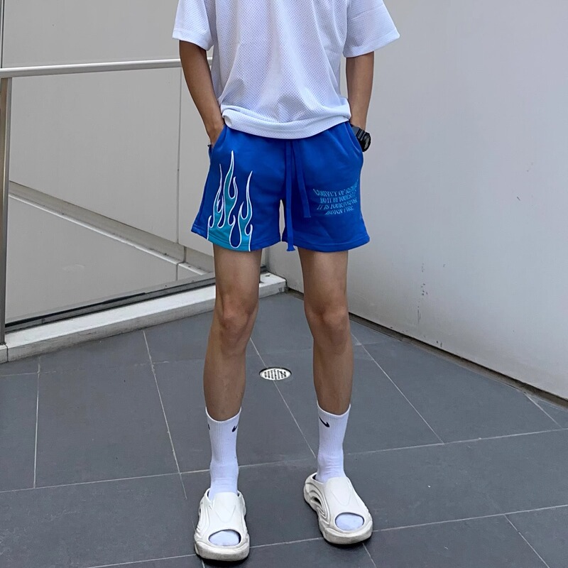 Plus Size 150kg American Style Flame Sports Shorts for Men, Summer Letter Print Loose Straight Five-Point Basketball Shorts 2