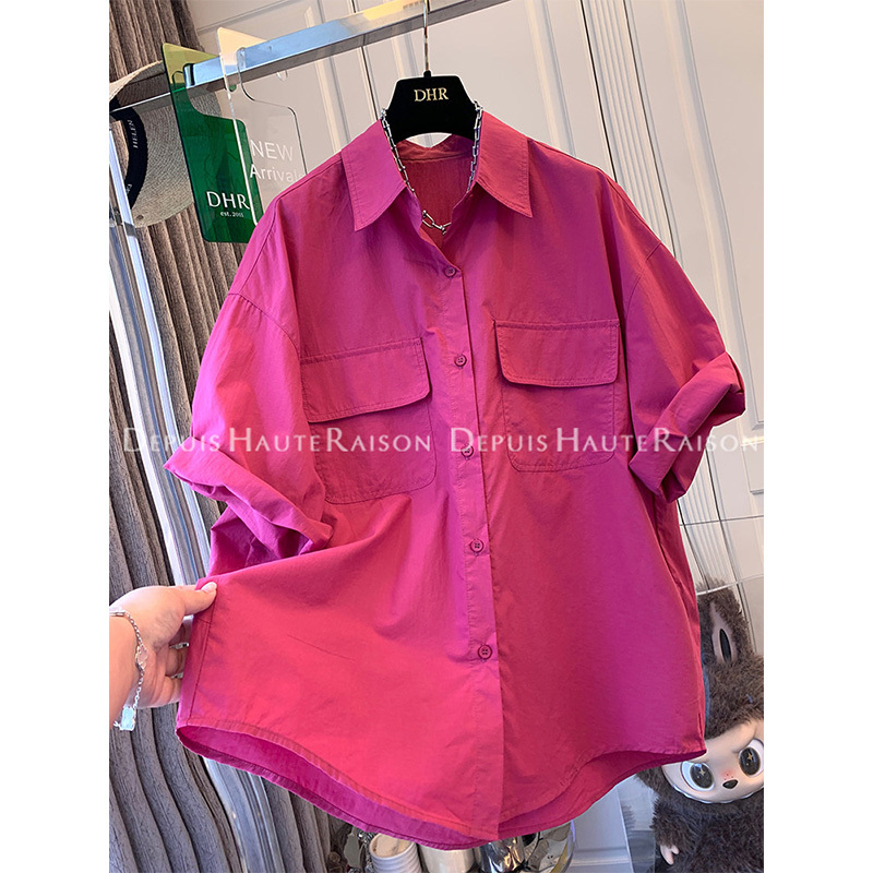 Plus Size 150kg Double-Pocket Dragon Fruit Color Short-Sleeve Shirt for Men and Women, Summer Heavy-Duty Pure Cotton Loose Oversized Top