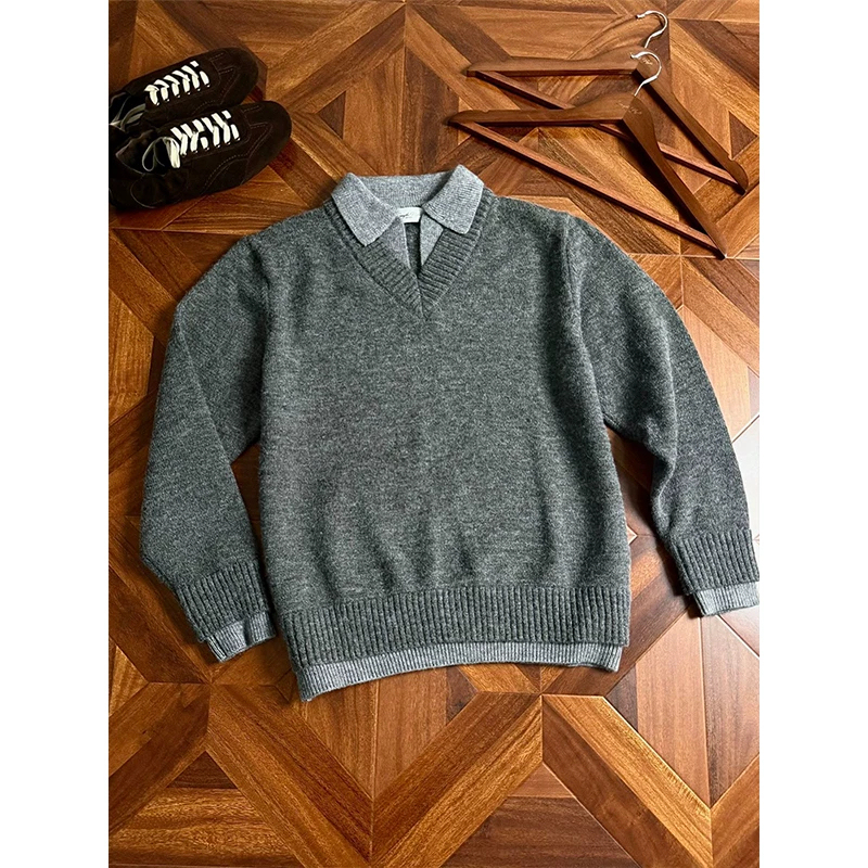 Plus Size 150kg Old Money Style Fake Two-Piece Sweater for Men, Autumn and Winter Double V-Neck Knitwear, Loose Cleanfit Jacket Plus Size 150kg Old Money Style Fake Two-Piece Sweater for Men, Autumn and Winter Double V-Neck Knitwear, Loose Cleanfit Jacket