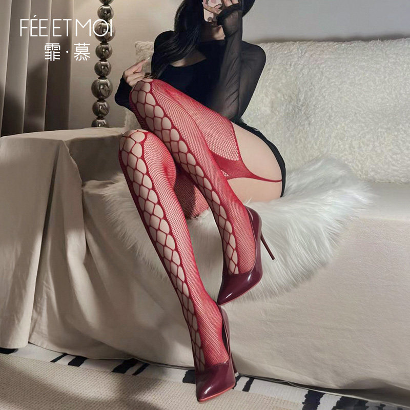Feimu Lace Mesh Strap Body Stocking - Wine Red detail 4