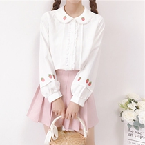 jk shirt spring and summer Japanese cute strawberry embroidery doll collar long-sleeved white shirt female Lolita inner top