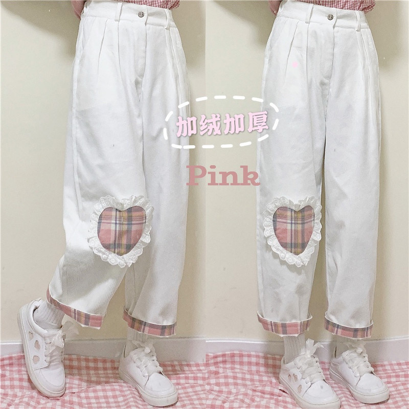 Japanese soft girl cute straight trousers high waist plus velvet corduroy wide leg pants children autumn and winter 2021 New
