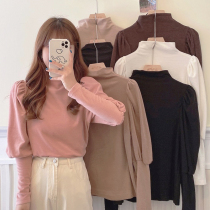 2022 Spring new inner lap lantern sleeves knit undershirt sweater womens spring and autumn bubble sleeves semi-high collar blouses