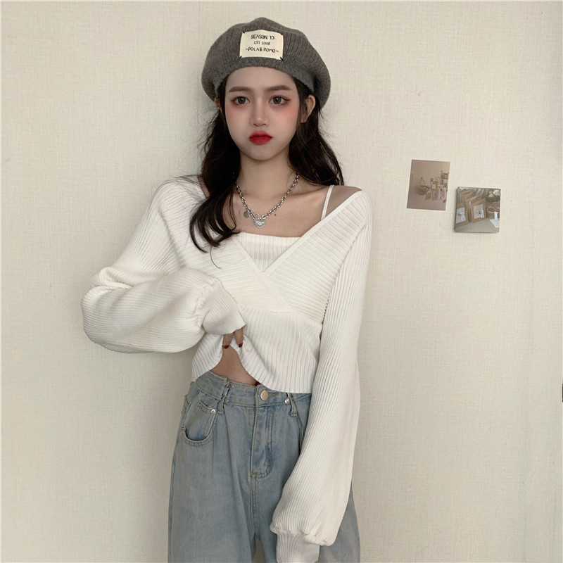 2023 new design senses small crowdsourced fake two temperament lead knit cardigan sweater women's spring autumn season bubble cuff blouses-Taobao