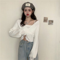 Spring and autumn new design feeling small crowdsourced fake two temperament lead knit cardigan sweater womens spring and autumn season with bubble sleeves blouses