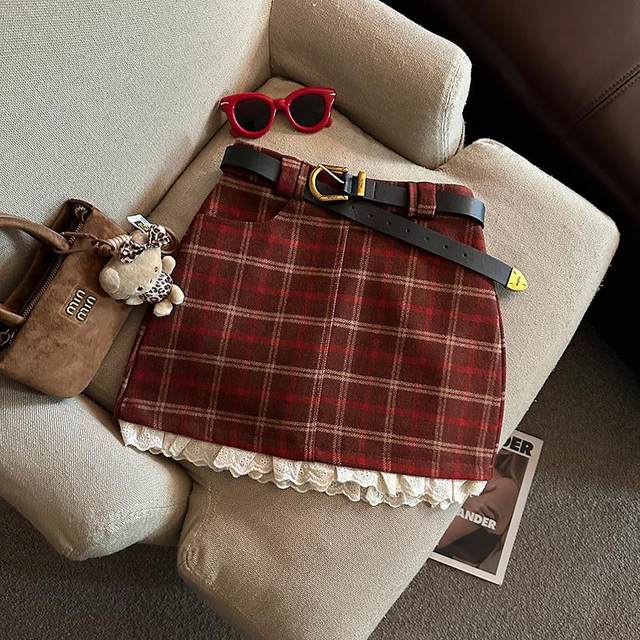 College style hip-hugging A-line skirt plus size autumn and winter sweet hottie patchwork lace plaid skirt retro woolen skirt