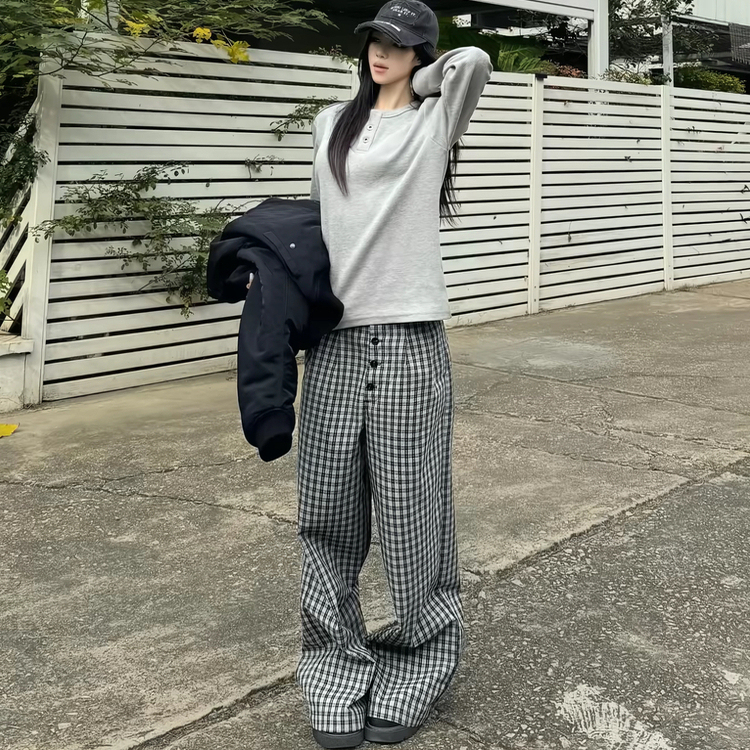 American-Style Autumn and Winter Plaid Houndstooth Pattern Loose Multi-Button A-Line Wide-Leg Cleanfit Casual Pants for Men and Women for Commuting