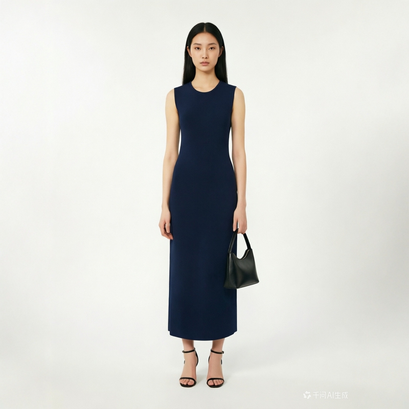 Max Pure Yuan~ Minimalist and Sophisticated Sleeveless Knitted Long Dress, Stretchy, Slim-Fitting, Navy Blue, Over-The-Knee Tank Dress Max Pure Yuan~ Minimalist and Sophisticated Sleeveless Knitted Long Dress, Stretchy, Slim-Fitting, Navy Blue, Over-The-Knee Tank Dress