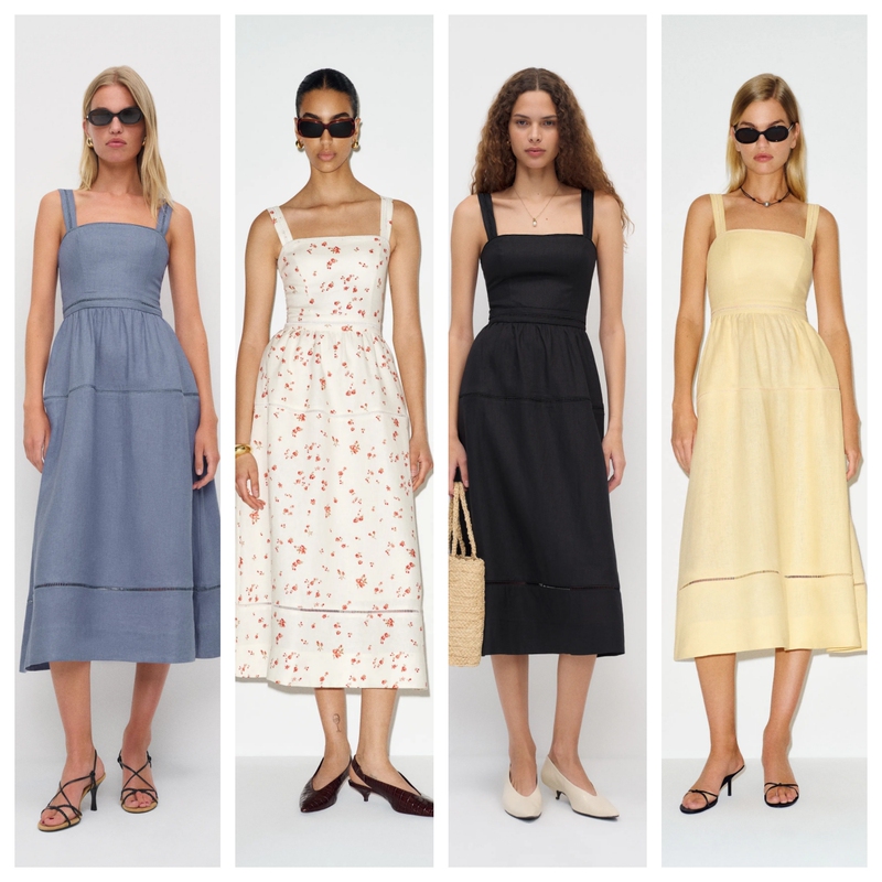 Ref Original~ Linen Square-Neck Elegant Suspender Dress with Wide Shoulder Straps, High Waist, Large Hem, Waist-Cinching, French-Style High-End