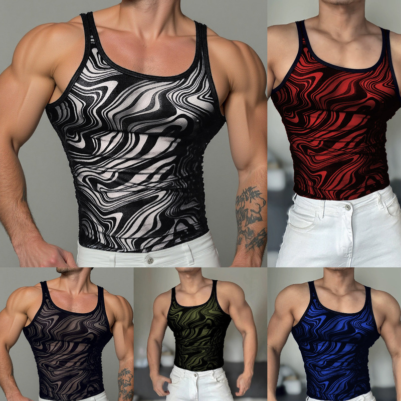 European and American Men's Fishnet Backless Tank Top, Men's Sexy See-Through Breathable Mesh Sleeveless Shirt for Boys