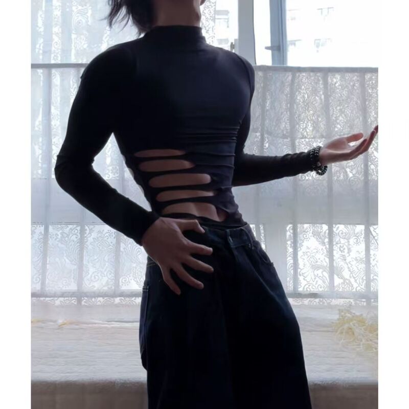 European and American Style Long-Sleeve Training Tight-Fitting Hollow-Out T-Shirt Sports Fitness Top Elastic High-Neck Base Shirt Party Wear