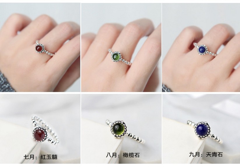Thời trang bạc 925 sterling thủy triều châu Âu và Hoa Kỳ Hàn Quốc đá tháng 8 nhẫn nữ sterling bạc Nhật Bản và trang sức Hàn Quốc không phai mẫu nhẫn nữ đẹp