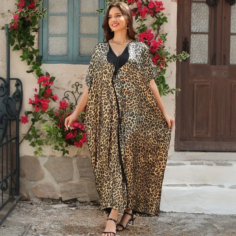Cross-Border Leopard Print Gold-Stamped Beach Cover-Up with Lapels, Turkish Robe, High-End Luxury Robe, Elegant Kaftan