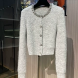 Свитер, дизайнерский трикотажный кардиган, изысканный стиль, круглый воротник, в стиле Шанель