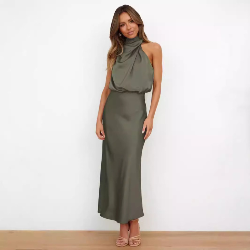 Amazon Cross-Border European and American Satin Sleeveless Dress European and American Fashion Elegant Socialite Light Evening Dress 65015