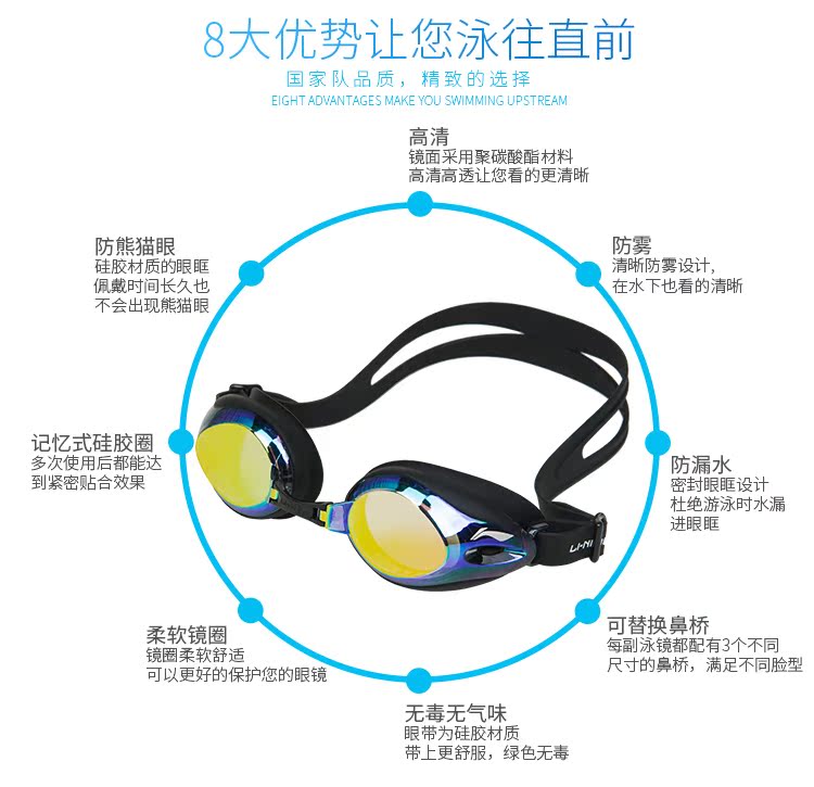 Kính râm Li Ning nam và nữ ánh sáng phẳng cận thị độ HD chống nước chống sương mù hộp lớn người lớn trẻ em kính bơi thiết bị kính bơi cho người cận thị